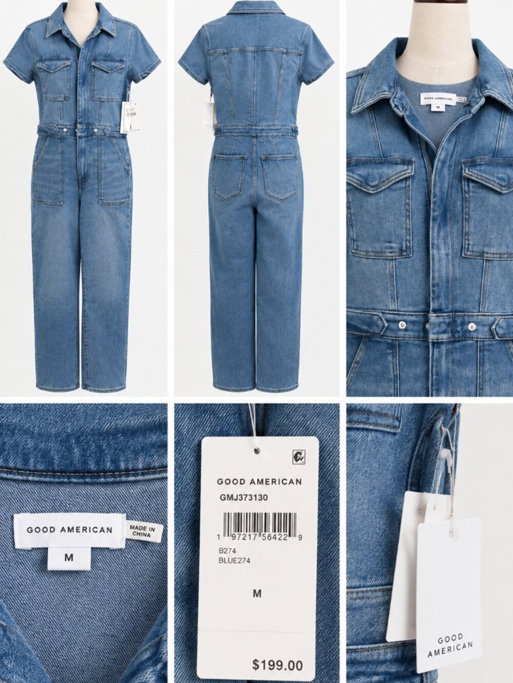 NWT Good American Denim Jumpsuit Medium Blue Short Sleeve Belted